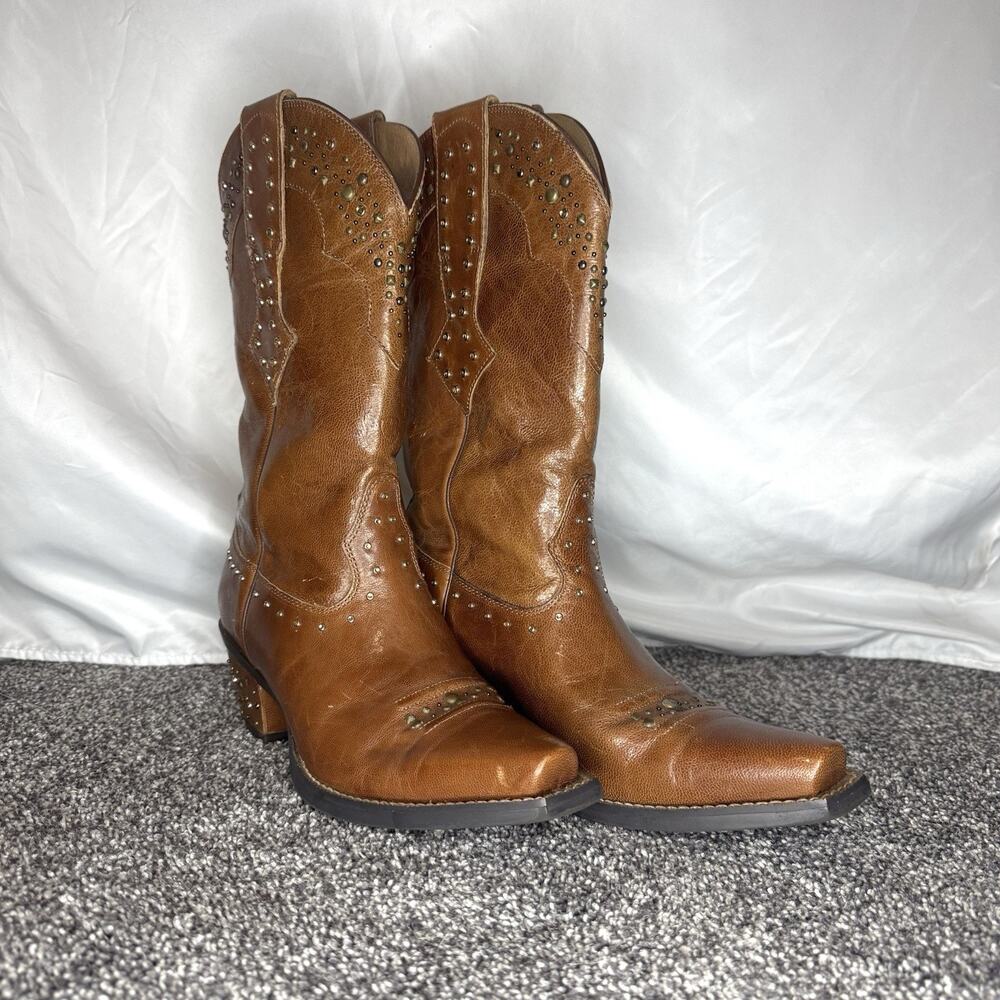 Ariat Studded Cowgirl Boots Women 7.5B Tan Brown Leather Snip Toe Healed Western